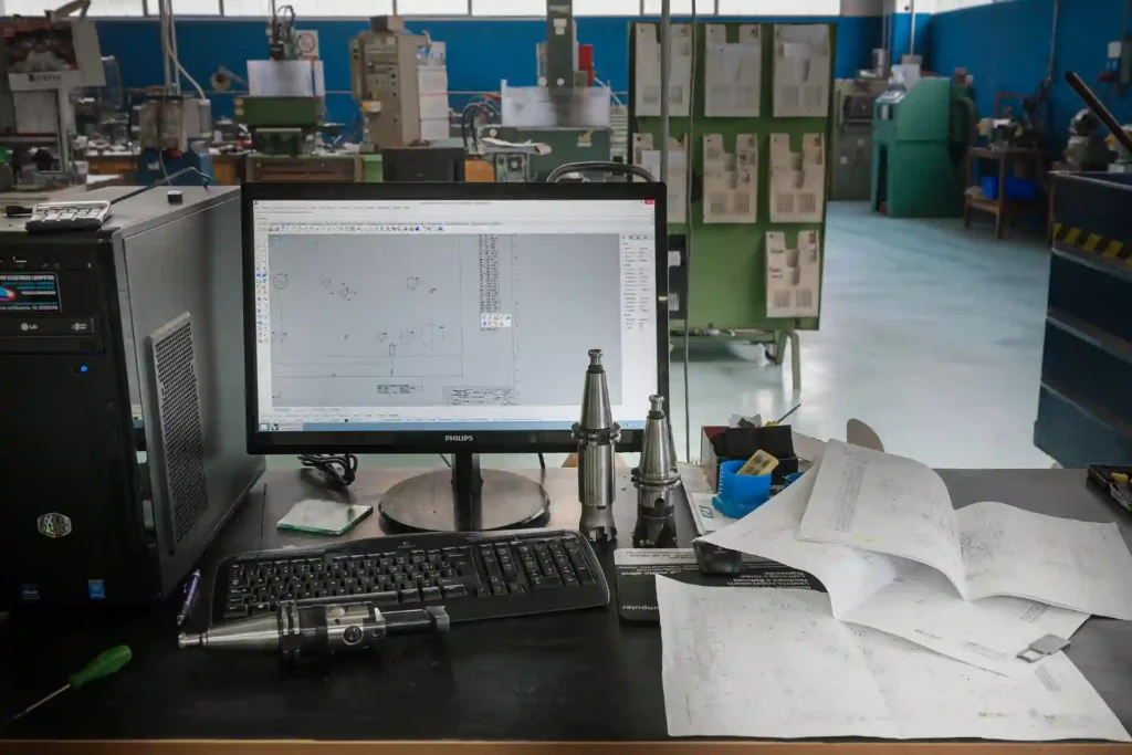 Postazione tecnica MECWORK con disegni meccanici, programmazione CNC e gestione delle lavorazioni per la realizzazione di componenti meccanici di precisione